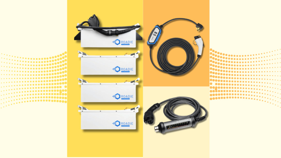 The image shows few level 2 portable EV chargers and a portable EV charger for roadside assistant