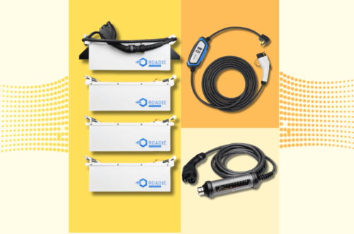 The image shows few level 2 portable EV chargers and a portable EV charger for roadside assistant