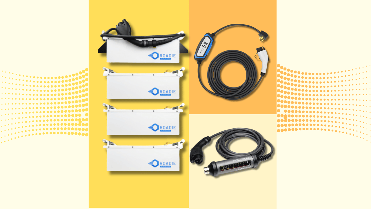 The image shows few level 2 portable EV chargers and a portable EV charger for roadside assistant