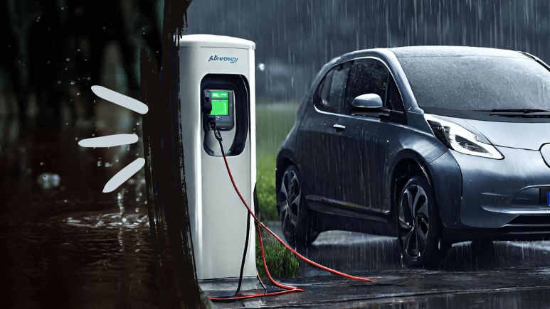 EV car in the heavy rain trying to charge the car.