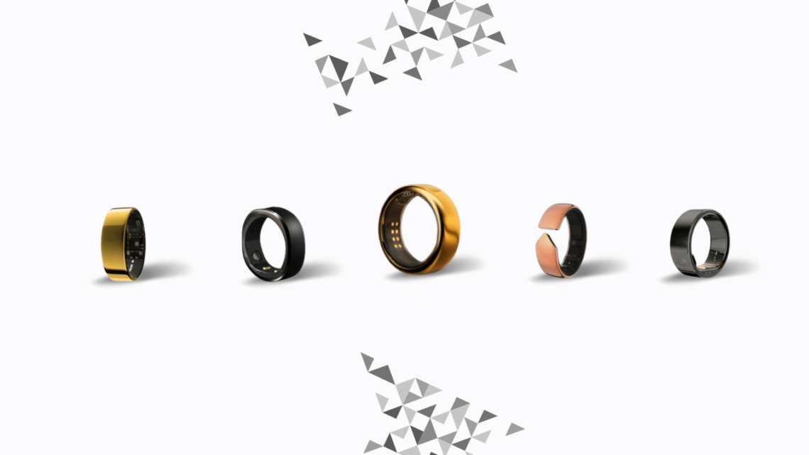 An array of the best smart rings, showcasing different styles and colors including gold, black, and rose gold, positioned on a clean white background with geometric shapes.