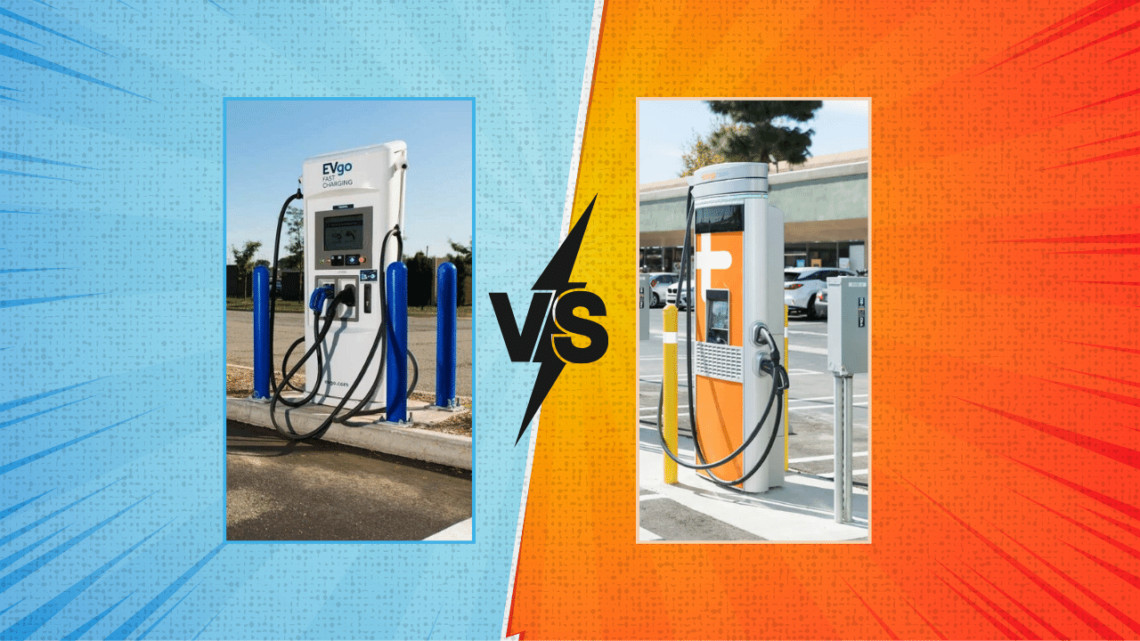 A visual comparison between EVgo and ChargePoint charging stations. On the left side, an EVgo station with blue cables is set against a blue background. The right side shows a ChargePoint station with orange accents against an orange background. A bold 'vs' symbol in black and yellow divides the two images, symbolizing a competitive comparison between the two electric vehicle charging services.