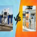 A visual comparison between EVgo and ChargePoint charging stations. On the left side, an EVgo station with blue cables is set against a blue background. The right side shows a ChargePoint station with orange accents against an orange background. A bold 'vs' symbol in black and yellow divides the two images, symbolizing a competitive comparison between the two electric vehicle charging services.