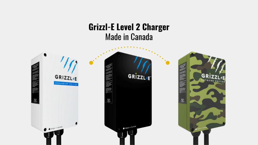 Three Grizzl-E Level 2 EV chargers displayed side-by-side, with designs 'Avalanche Edition' in white with blue streaks, standard black, and 'Extreme Edition' in camouflage green, all marked as made in Canada, on a clean background with dotted arc indicating connectivity.